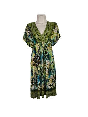 Delusional Plunge V-neck Dress Women Size M Green Blue Yellow Short Sleeve Y2K